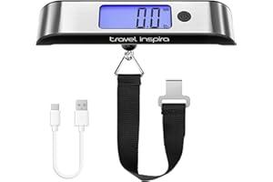 travel inspira Rechargeable Luggage Scale 110lb/50kg - Large Backlit Display - Stainless Steel - Portable Digital Hanging Scale for Suitcases, Bags, Packages (USB -C Charging Included)