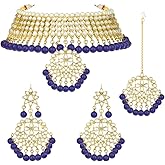 Aheli Faux Kundan Necklace Earrings Maang Tikka Set Indian Ethnic Wedding Fashion Jewelry Set Gift for Women