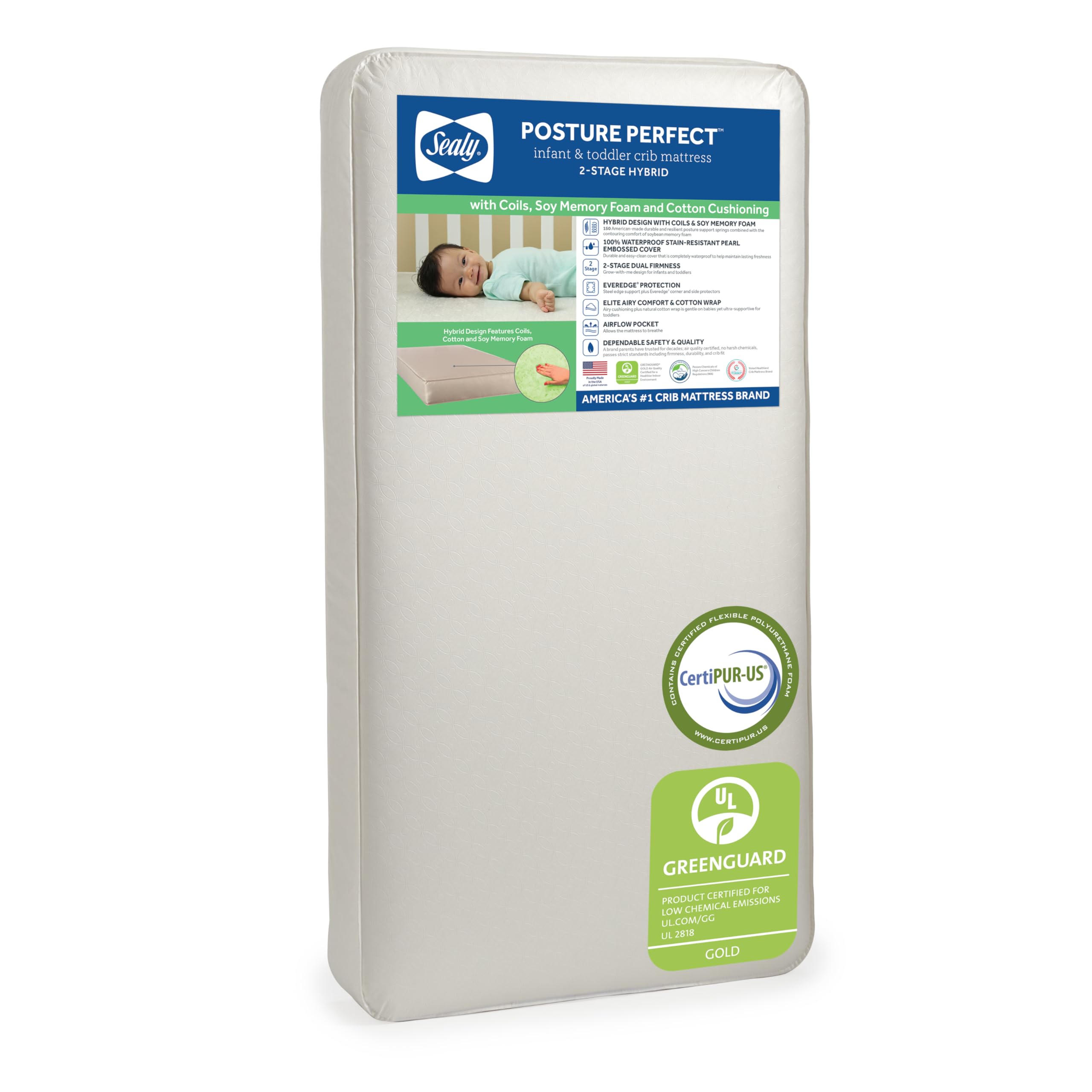 Photo 1 of **HAS CUT FROM BOX CUTTER***Sealy Baby Posture Perfect Breathable Crib Mattress, GREENGUARD Gold Certified, Made in USA, 2 Stage Hybrid Memory Foam & 150 Premium Coils, Toddler Bed Fit, Safety & Quality Tested, 52x28"