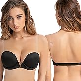 Amafuur Women's Deep V Plunge Padded Push Up Bra with Clear Straps Backless Convertible Low Cut Underwire Bra Black 38E