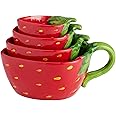 Strawberry Ceramic Measuring Cups Set - Unique Measuring Bowls for Decorative & Cute Baking Supplies - Cute Measuring Cup for Stoneware Novelty Kitchen Decor - Fun Baking Gifts for Women (Set of 4)