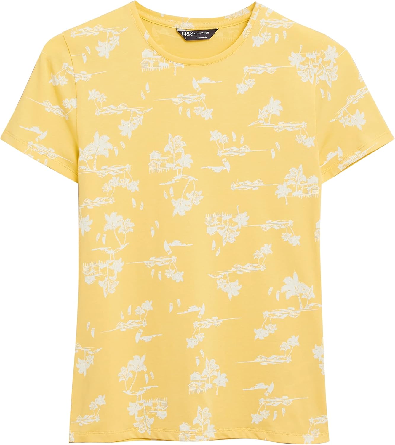 Marks & Spencer Women's Cotton Printed Crew Neck Fitted TShirt, YELLOW