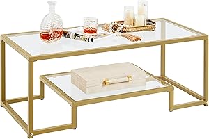 Yaheetech Gold Coffee Table, 42" Rectangular Glass Coffee Table for Living Room, 2-Tier Center Tea Tables with Metal Frame for Small Space, Apartment, Office