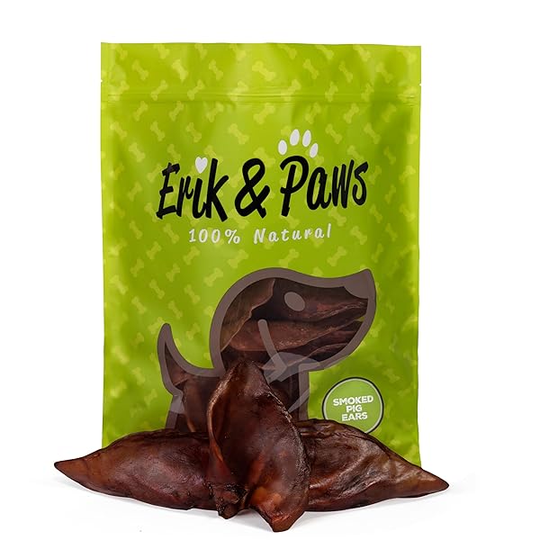 ERIK & PAWS SMOKED PIG EARS FOR DOGS – PREMIUM ALL-NATURAL, UNBLEACHED 100% DOG PIG EARS, NO ADDITIVES OR HORMONES, SMOKED IN THE USA, SAFE RAWHIDE ALTERNATIVE, GENTLE ON TUMMIES – 18 COUNT