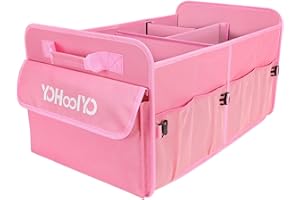 YOHOOLYO Car Trunk Organizer for SUV 72L Large Capacity Collapsible 4 Compartment Storage, Multicolor Car Accessories for Women/Men, Pink