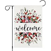 Heyfibro Welcome Valentine's Day Garden Flag 12 x 18 Inch Double Sided Burlap, Floral Heart Pattern Yard Flag for Anniversary Wedding Home Outdoor Romantic Holiday Decoration (ONLY FLAG)