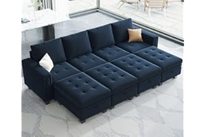 Belffin Velvet Modular Sleeper Sofa Sectional Couch with Storage Convertible Modular Sofa Couch Set Sectional Sofa with Reversible Chaise Blue
