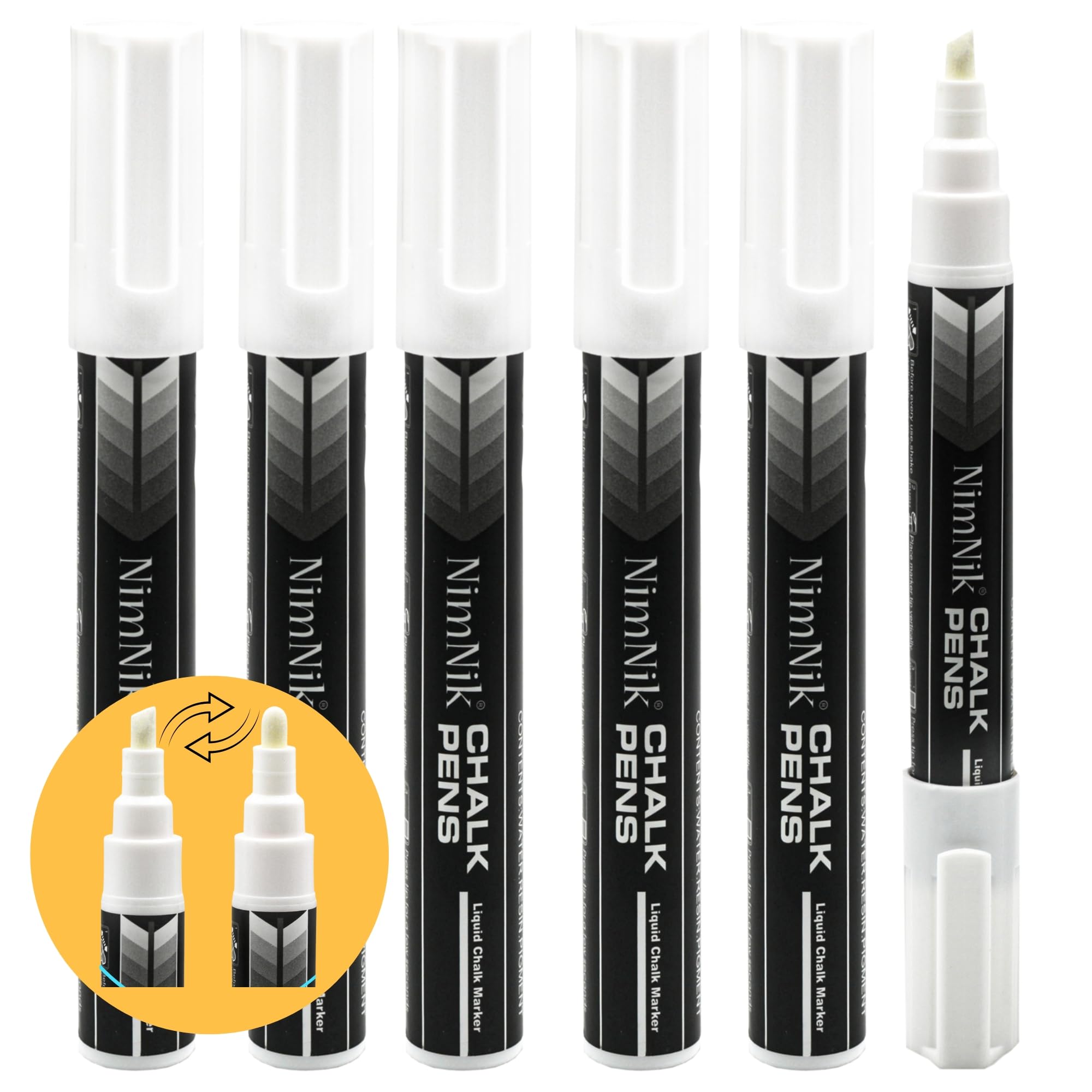 NimNik Chalk Marker Pens White - 6mm Reversible Nib - Wet Wipe Liquid Chalk Pens for Glass, Windows - 6 Pack