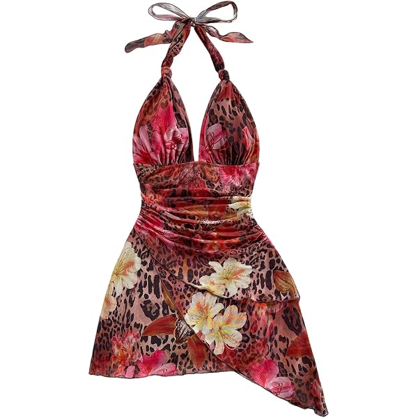 Halter Neck Dress Floerns Women's Butterfly Print Halter Dress  Sleeveless  Asymmetrical Hem Mini Dress Beach Vacation Outfit