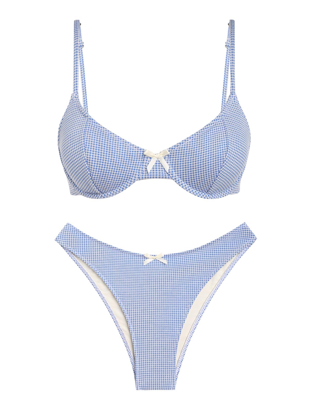 Photo 1 of seamoly Gingham Bowknot Decor Tied Back Underwire Bikini Set,Deep Blue,S