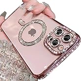 Changjia Magnetic Clear Glitter Case for iPhone 15 Pro Max[Compatible with MagSafe] Cute Luxury Bling Sparkly Diamond Rhinestones with Camera Lens Protector Women Girls Case for iPhone 15 Pro Max,Pink