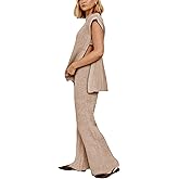 Lviefent Womens 2 Piece Outfits Sweater Set Sleeveless Side Slit Pullover Top Knit Wide Leg Pants Lounge Matching Sets