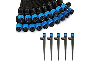 Kepmix 50PCS Drip Irrigation Emitters Fittings: Adjustable Irrigation Sprayer for 1/4 inch Drip Tubing Full Circle Vortex Stream Dripper on 5" Arrow Stake Barbed Locked Nuts Connectors