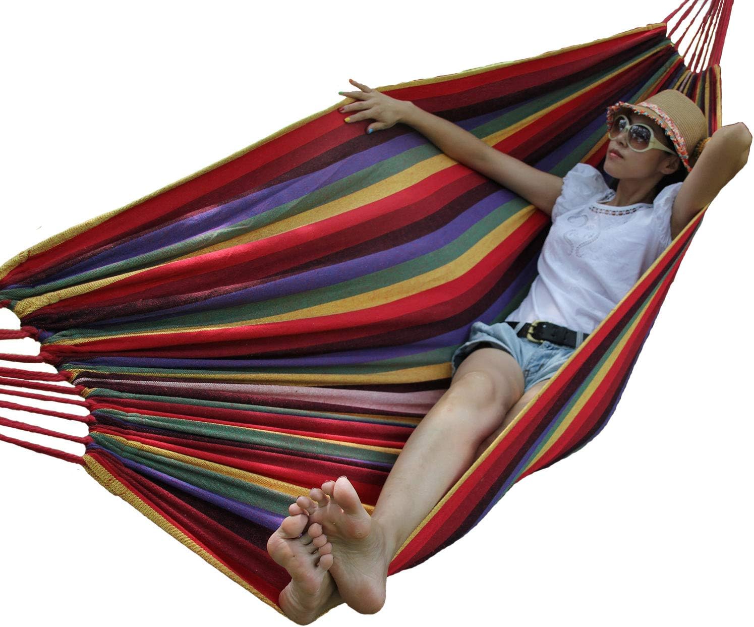 Hewolf Rainbow Cotton Tree Hammock with 2 Tree Straps and 2 Ropes Brazilian Camp Hammock Lightweight Breathable Pool Lounge for Backyard,Porch,Date Outdoor and Indoor (Single Hammock, Rainbow)
