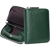 FREYAMIRA Womens Genuine Leather Zipper Credit Card Holder RFID Blocking Small Accordion Wallet with Coin Pouch,Dark Green