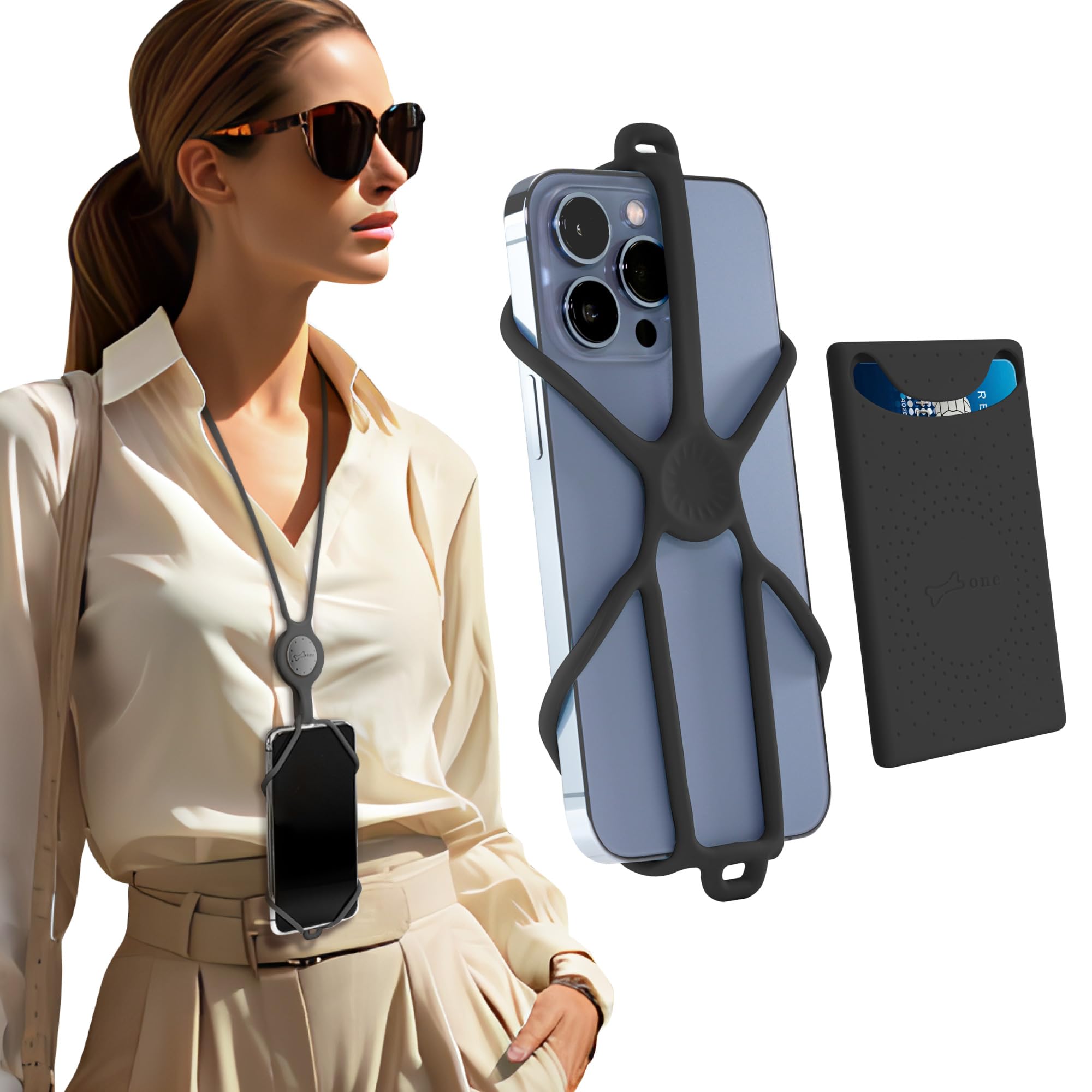 Bone】 Crossbody Lanyard Phone Tie 3 w/Card Holder, Cell Phone Lanyard Crossbody Adjustable Shoulder Strap Silicone Phone Holder, Crossbody for Women Man Compatible with Phones 4.7"-7.2" (Black)…