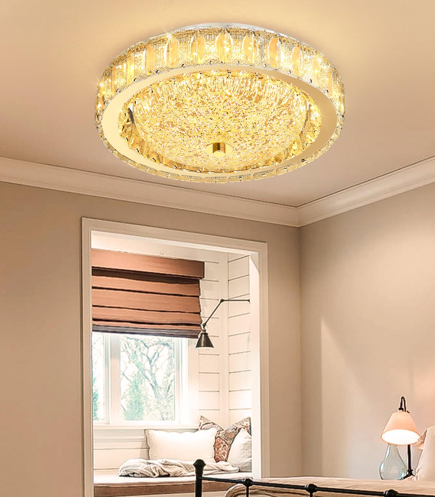 Photo 1 of AFQEJG 11.8" Modern Mini Crystal Chandelier Dimmable LED Flush Mount Ceiling Light with Remote Control for Bedroom Hallway Dining Room Gold