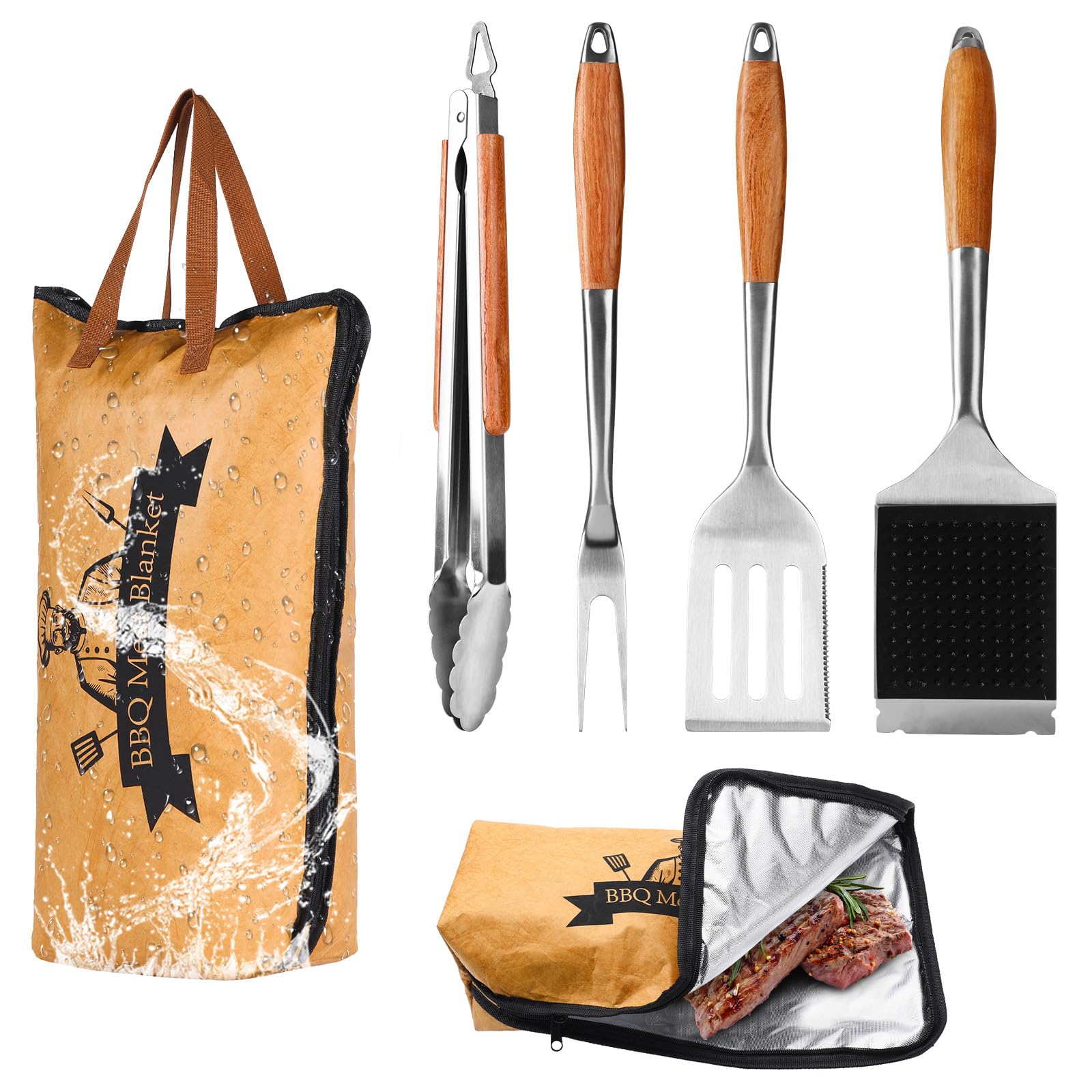 Photo 1 of 5in1 Heavy-Duty Rose Wooden BBQ Grilling Tools Set and BBQ Blanket for Resting Meat, Extra Thick SS Multi-Function Spatula, Fork, Brush & Tongs, Reusable Smoker Meat Insulated Bag, Ideal Gifts for Men