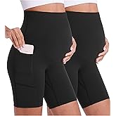 ENERFUL Women's Maternity Yoga Shorts Over The Belly Comfy Biker Workout Active Pregnancy Gym Short Pants with Pockets 8"/5"