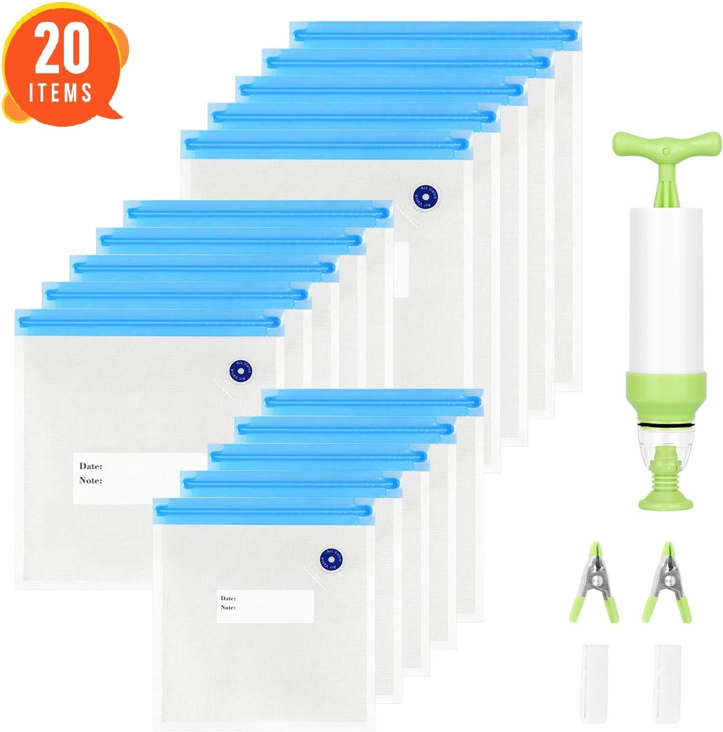 Sous Vide bags 15 Reusable food vacuum seal bags BPA Free Ziplock for Anova and Joule Cookers,1 Hand Pump, 3 Sealing Clips and 3 Sous Vide Clips, Apply for Sous vide cooking &Food Storage/Freezer
