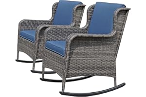 Soleil Jardin Outdoor Resin Wicker Rocking Chair with Cushions, Patio Yard Furniture Club Rocker Chair, Gray Wicker & Navy Cushions,Set of 2
