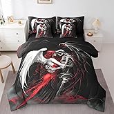 Erosebridal Gothic Skull Couple 7-Piece Comforter Sets King Size,Valentine's Day Bedding Set Skull Skeleton Bed in A Bag Red Black Angel Skeleton Sheet Set with Comforter for Men Women Room Decor
