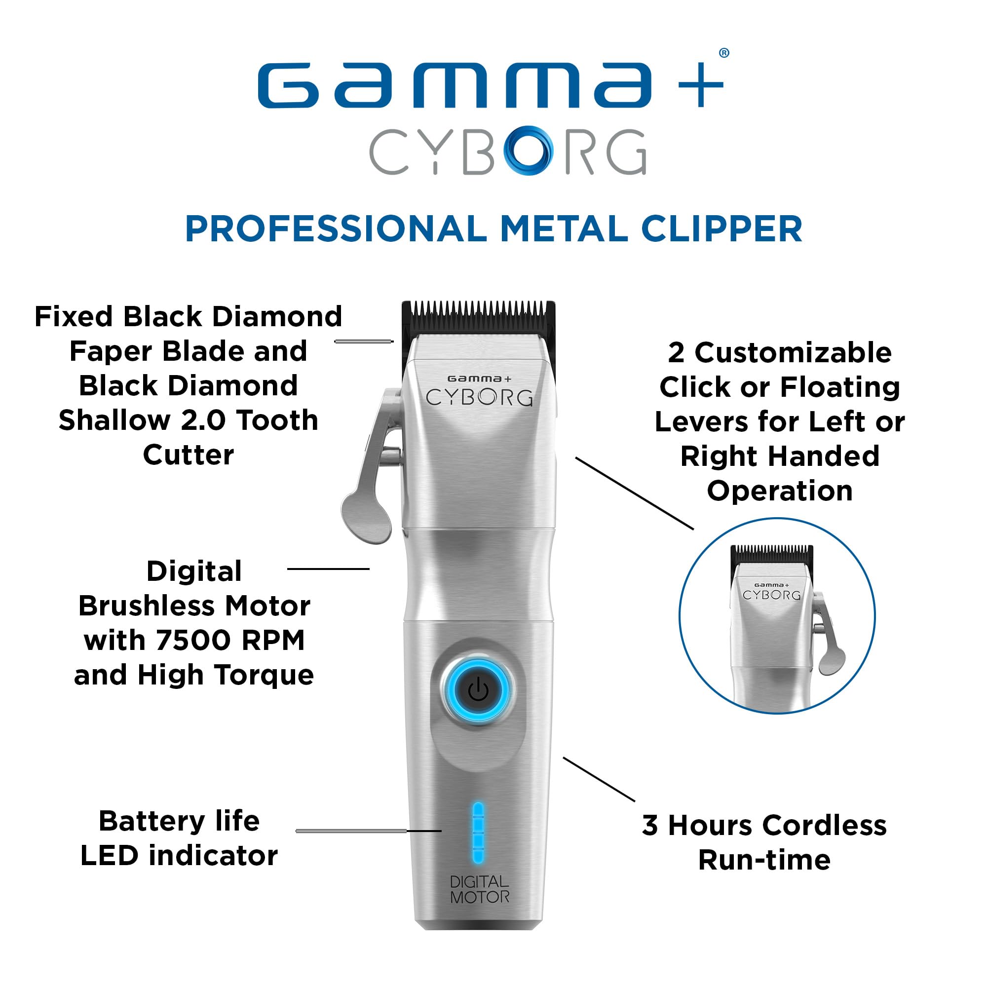 GAMMA+ Cyborg Professional Metal Cordless Ergonomic Hair Clipper Trimmer with Digital Brushless Motor