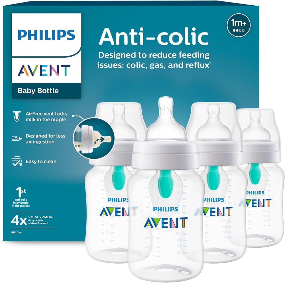 Philips Avent Anti-Colic Baby Bottle with AirFree Vent, Medium Flow, 9 oz | For Ages 1 Month+, Reduces Colic, Gas & Reflux, F