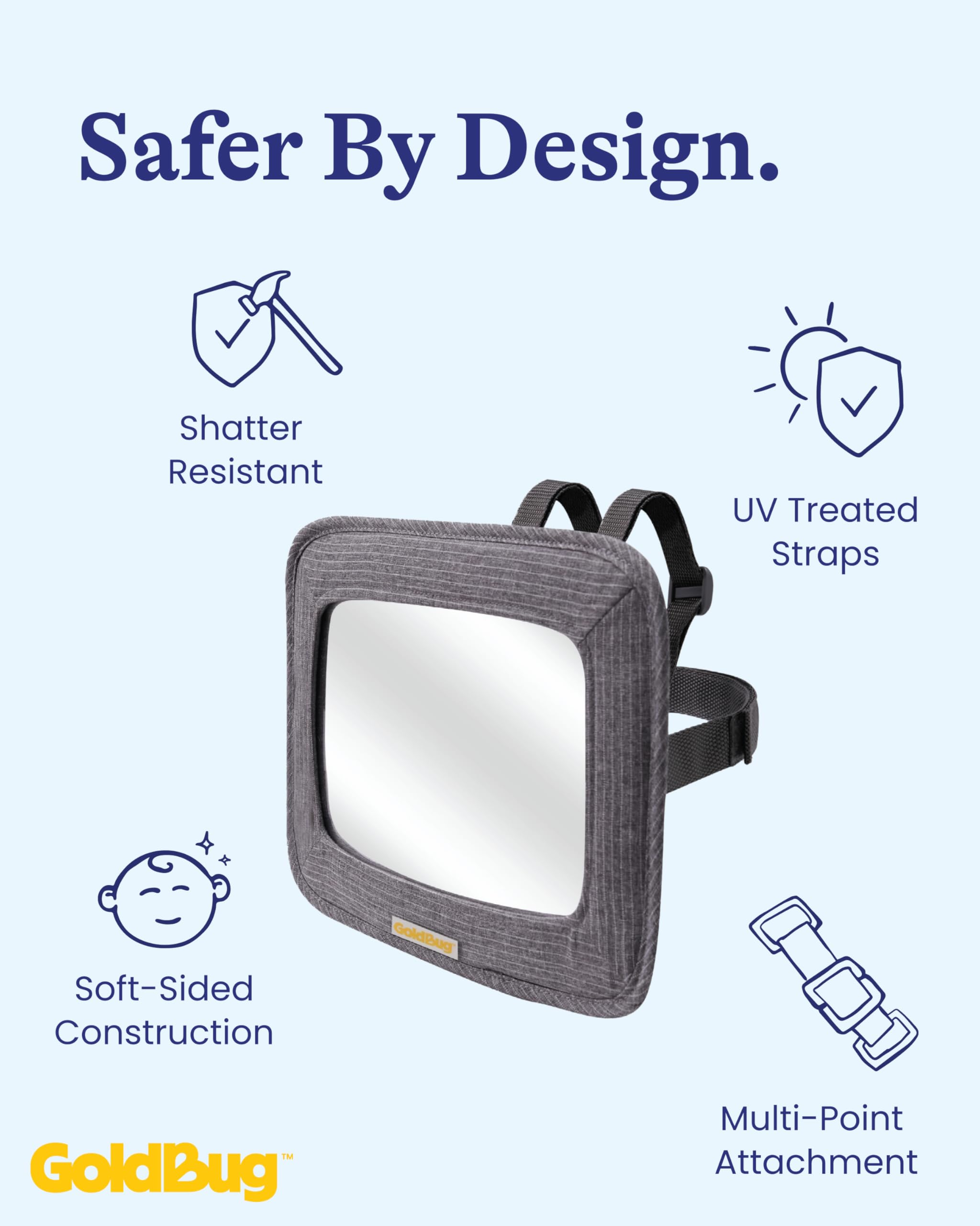 GoldBug Soft Sided Rear & Forward Facing Safety Mirror for Baby & Toddler - Shatter Resistant - Jumbo Baby Car Mirror
