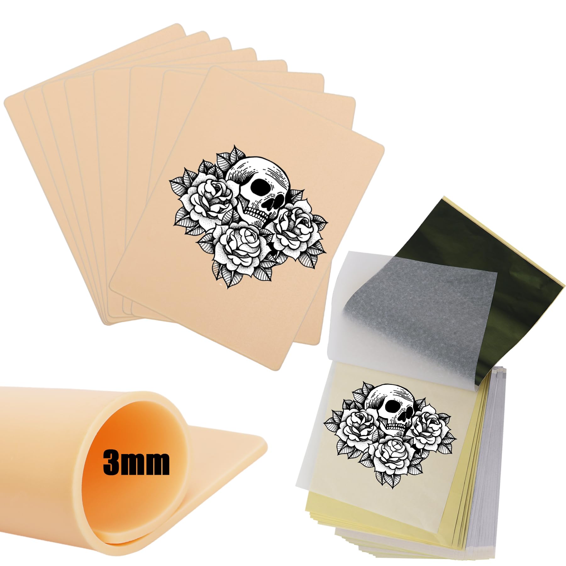 3mm Practice Skin With Transfer Paper, 18 Pcs Kit Including 8 Double Sided Fake Skin and 10 Stencil Paper for Tattoo Supplies — image 1