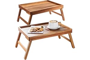 Acacia Wood Bed Tray Lap Table with Foldable Legs, Set of 2 Breakfast Tray for Sofa, Bed, Eating, Working, Used As Laptop Des