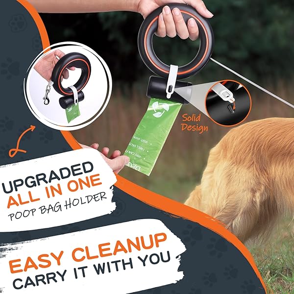 MOESTAR UFO RETRACTABLE DOG LEASH HANDS FREE WEARABLE WITH POOP BAG HOLDER ONE-HANDED BRAKE PAUSE LOCK 360° TANGLE FREE 10FT DOG LEASH FOR UP TO 66LBS MEDIUM SMALL DOGS (BLACK/ORANGE)