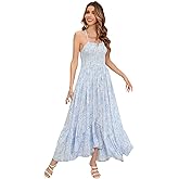R.Vivimos Women's Summer Maxi Dress Spaghetti Strap Boho Floral Print Smocked Backless Casual Ruffle Flowy Long Dresses