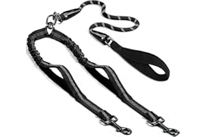QUAN DUO DUO Double Dog Leash No Tangle Two Dogs Heavy Duty Bungee Dog Leash Shock Absorbing Reflective Leashes with Two Extra Traffic Handles for Walking 2 Dog