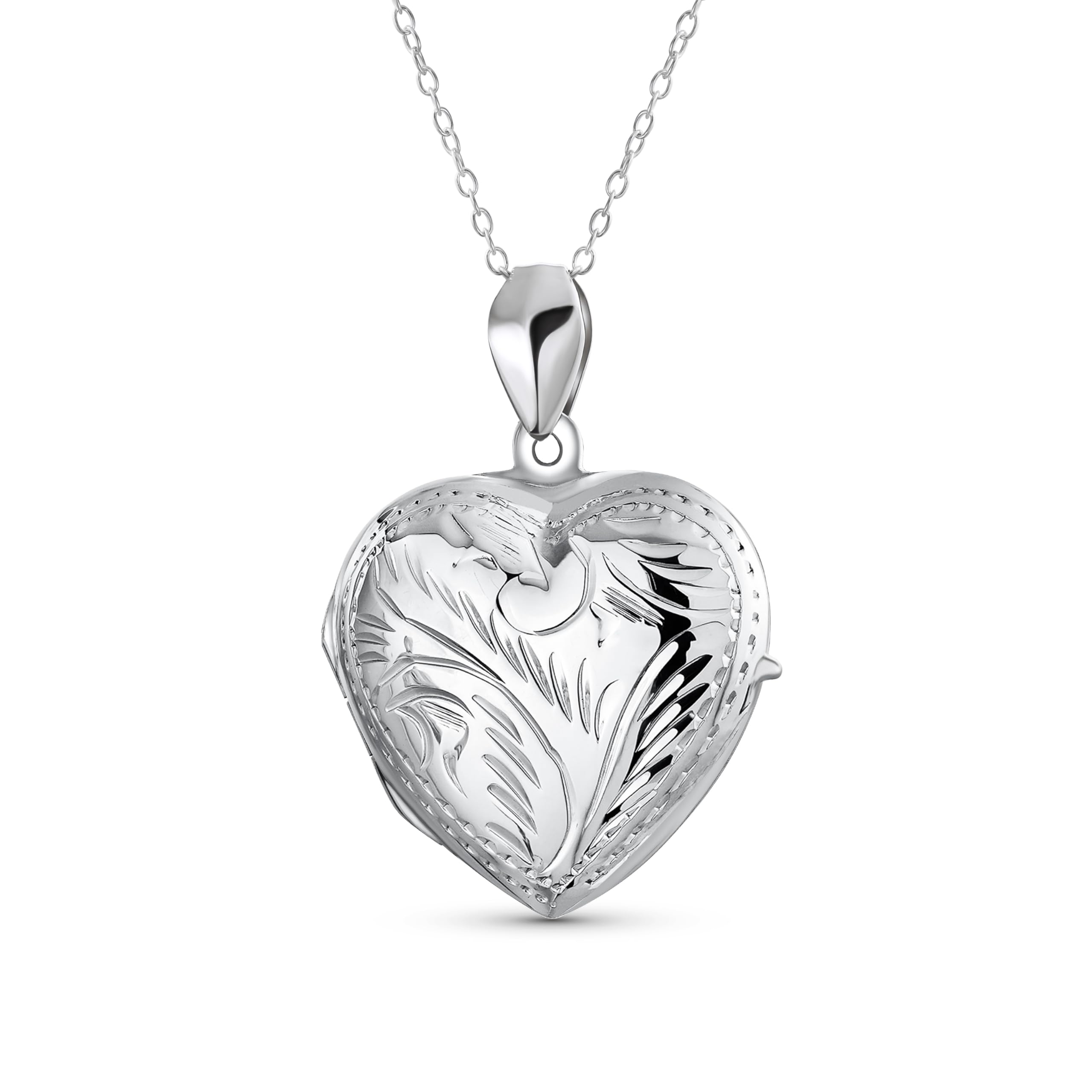 Bling Jewelry Vintage Style Simple Plain Traditional Keepsake Domed Puff carved Leaf Heart Shaped Photo Locket For Women Teens Holds Photos Pictures .925 Silver Necklace Pendant Large