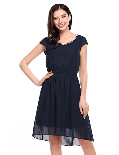 Parabler Damen Elegant Chiffonkleid Kurzarm Sommerkleid Festliches Skaterkled Asymmetrisches Brautjungfernkleid Knielang Cock