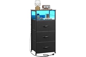 WLIVE LED Nightstand with Charging Station, Black Night Stand with 3 Fabric Drawers and Storage Shelf, Small Dresser for Small Space, 31.9" H Bedside Table with USB Ports and Outlets for Bedroom