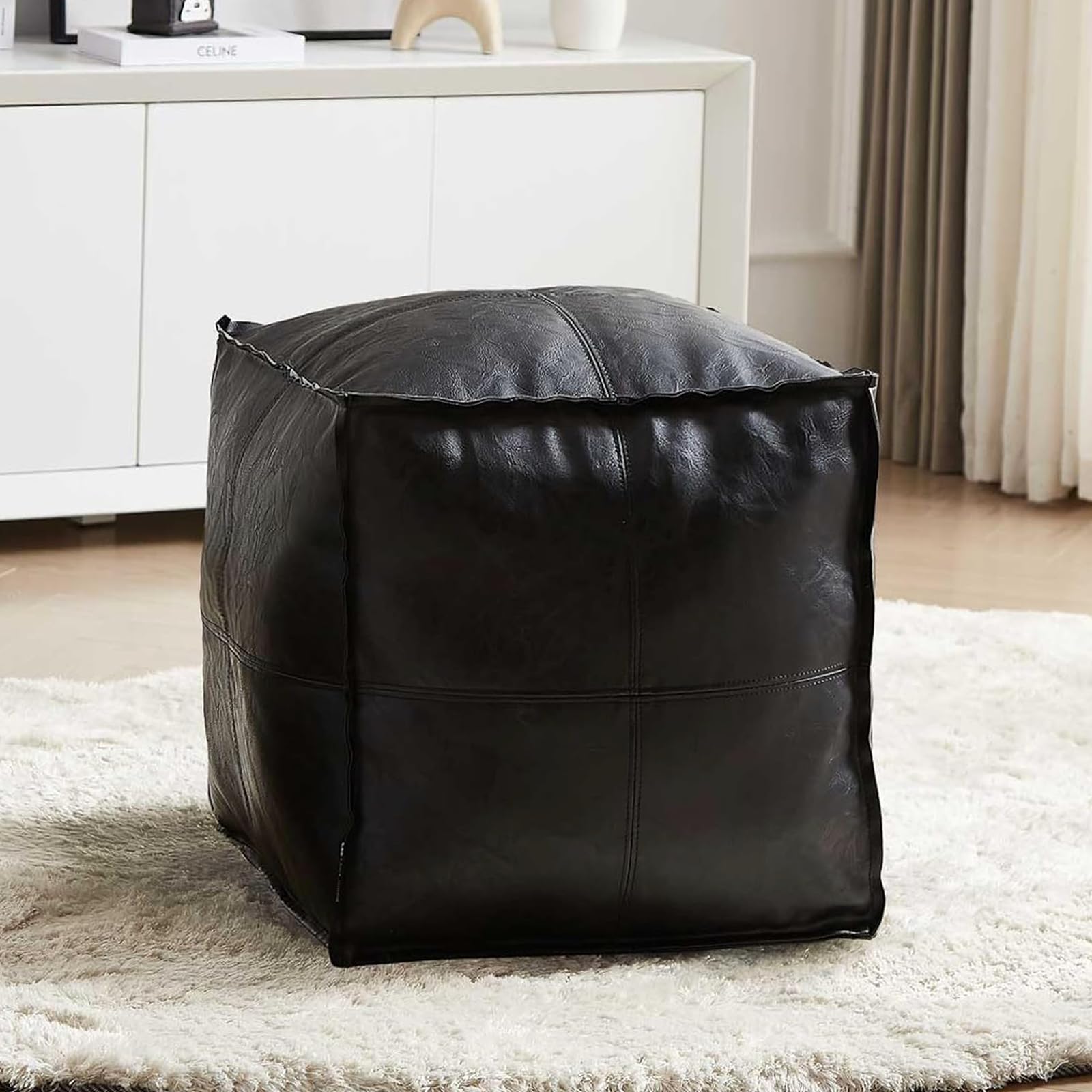 Photo 1 of Louis Donné 17.7" Black Square Unstuffed Pouf Ottoman Cover Footstool Faux Leather Pouffe for Reading Storage Square DIY Floor Pouf Cover for Living Room Balcony Office Outdoor Floor Chair Only Cover
