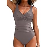 Women's One Piece Swimsuits Ruched Slimming Bathing Suits for Women V Neck Criss Cross Ruched Push Up Slimming Swimwear Coffee