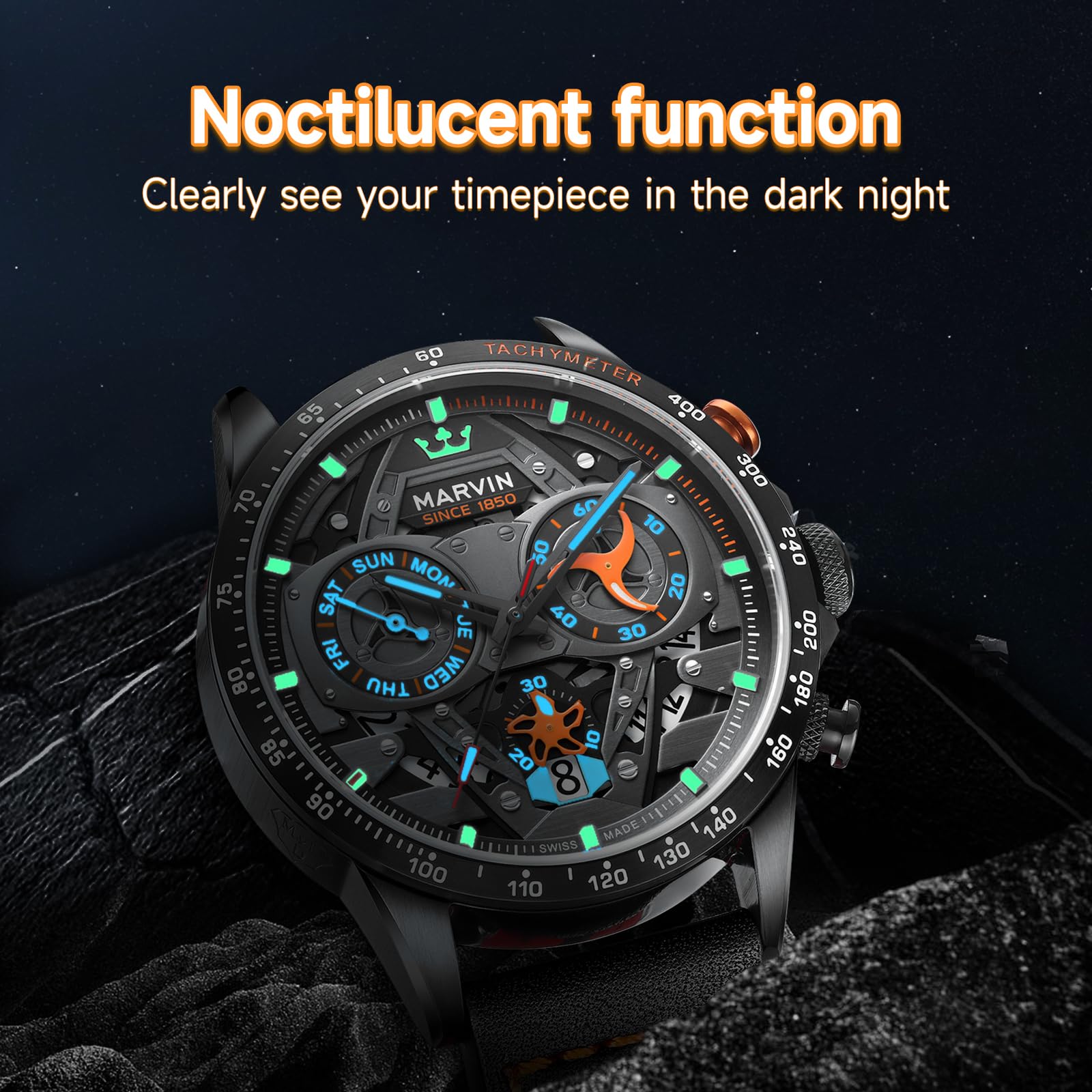 marvin Chronograph Watches for Men Swiss Mens Watch Luxury Men's Wrist Watches with Leather Strap and Weekday,Hour,Date Dial,Quartz Movement,Stainless Steel Case, Luminous,50M Waterproof