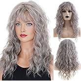 Baruisi Long Curly Wavy Women Wig with Bangs Synthetic Heat Resistant Halloween Cosplay Party Hair Wig,Grey