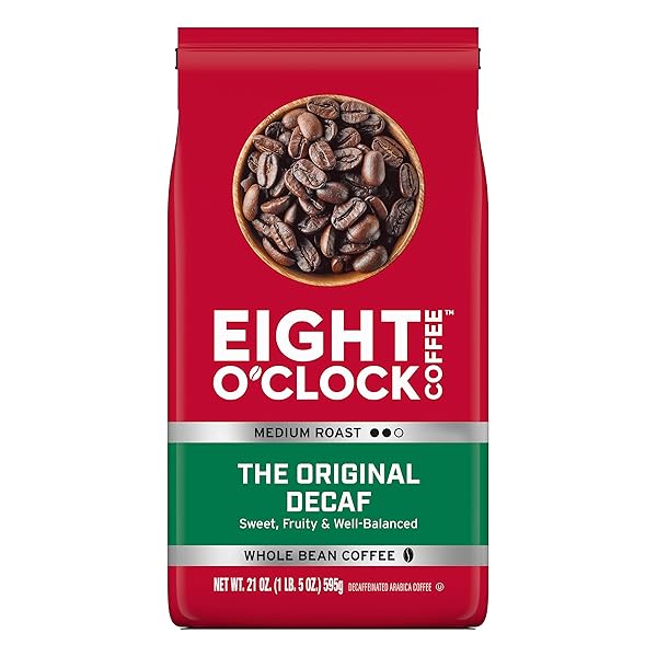 EIGHT O’CLOCK COFFEE THE ORIGINAL DECAF WHOLE BEAN COFFEE, MEDIUM ROAST, 21 OUNCE (PACK OF 1) – SWEET, FRUITY, WELL BALANCED