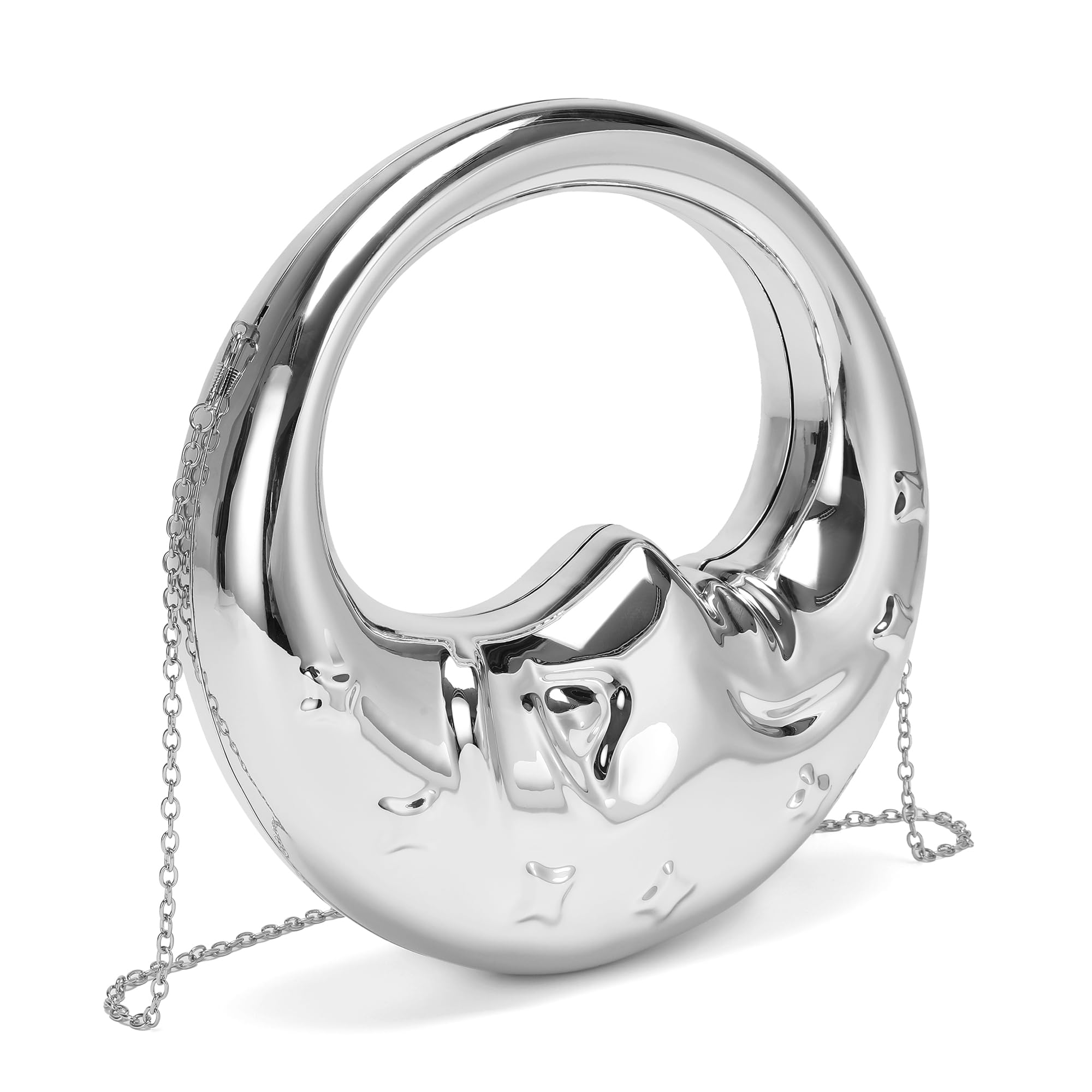 Photo 1 of CARIEDO Acrylic Evening Bag for Women, Wedding Party Clutch Purse with Top Handle, Moon Shape Design, Silver