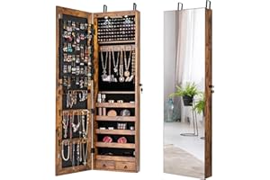 IFANNY Mirror Jewelry Cabinet Door Hanging or Wall Mounted with 2 LED Lights, 47.5” Lockable Jewelry Armoire Organizer Storag
