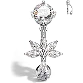 COCHARM Flower Dangle Belly Button Ring, 14G Gold Reverse Belly Button Piercing for Women, Surgical Steel Silver Navel Piercing Jewelry Hypoallergenic