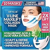 Stylia MaxiLift V-Line Lifting Collagen Face Mask - Double Chin Strap - Jawline Shaper - Neck Firming and Tightening Mask with Hyaluronic Acid & Aloe Vera - Chin Strap for Sleeping (10PC)