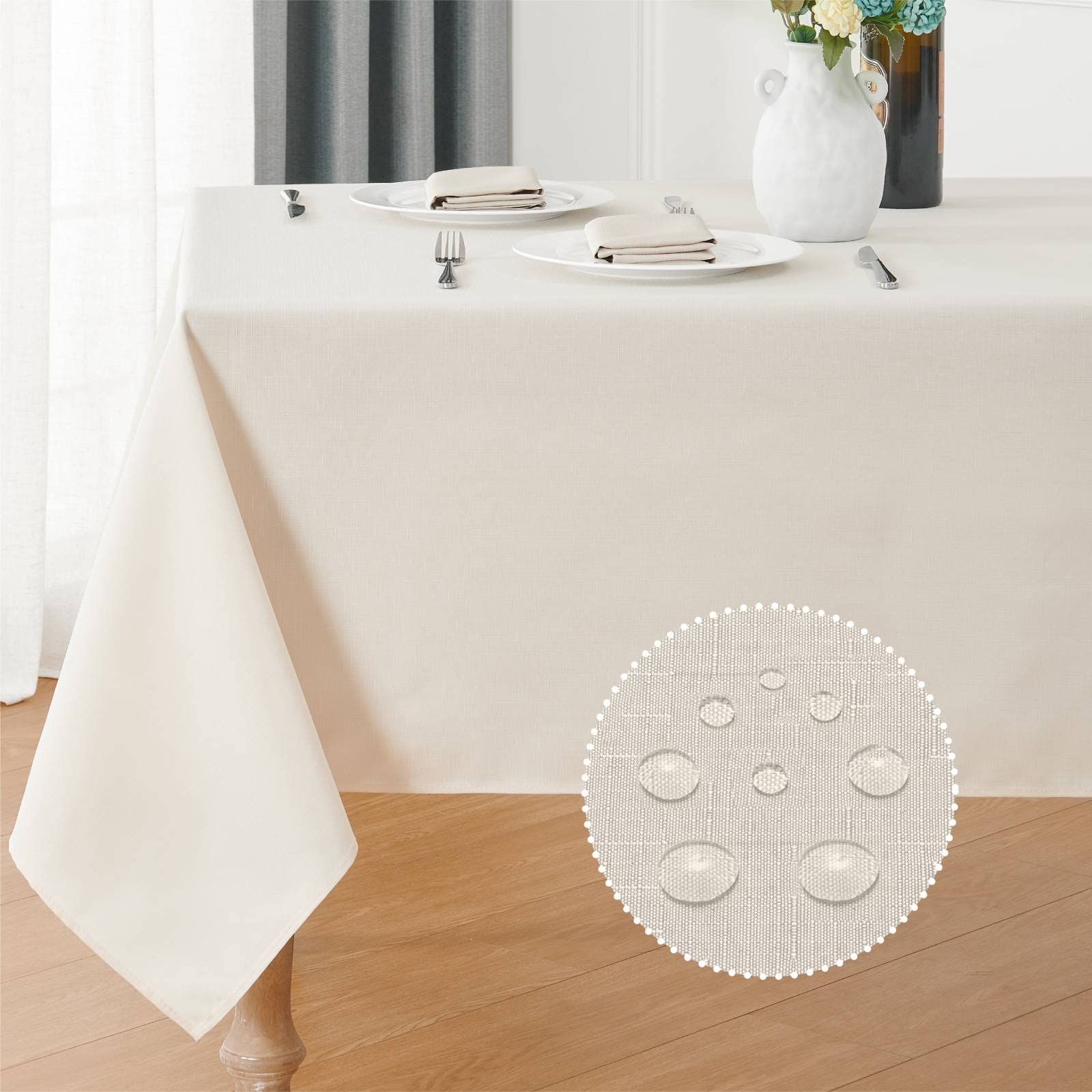 Photo 1 of Veblandy Rectangle Tablecloth 52x70 inch Linen Textured Waterproof Table Cloth Stain and Wrinkle Resistant Washable, Decorative Fabric Table Cover for Outdoor and Indoor Use, Ivory