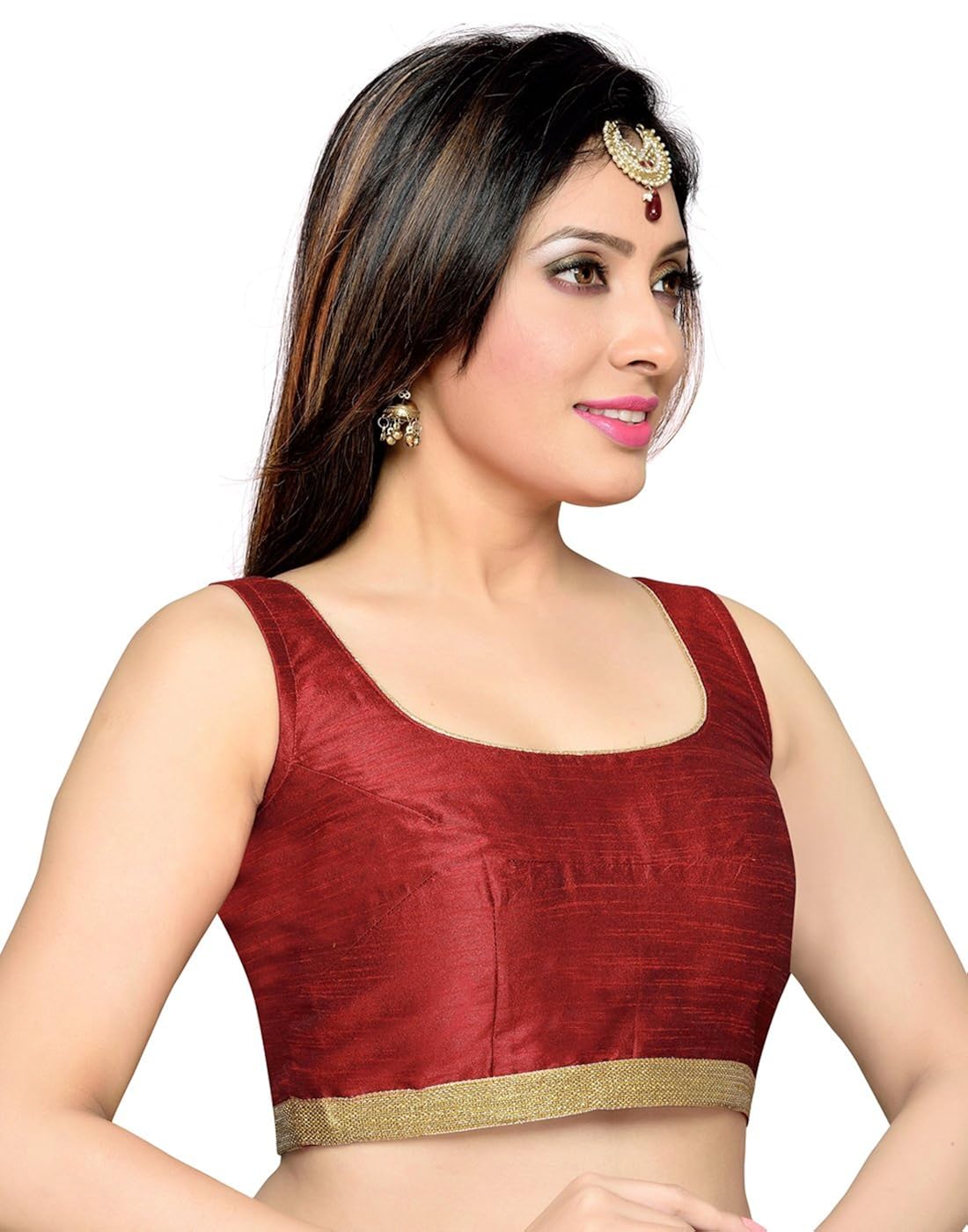 studio shringaar party maroon polyster non-padded blouse