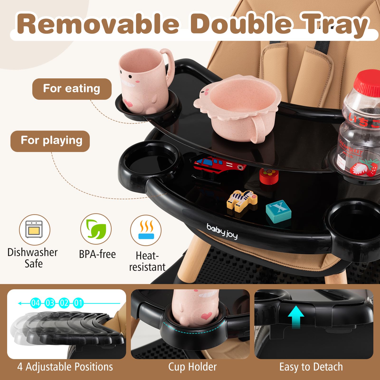 BABY JOY 6 in 1 High Chair, Convertible High Chairs for Babies and Toddlers/Booster Seat/Table and Chair Set, Infant Wooden Highchair w/ 5-Point Harness, 4-Position Removable Tray & PU Cushion, Coffee