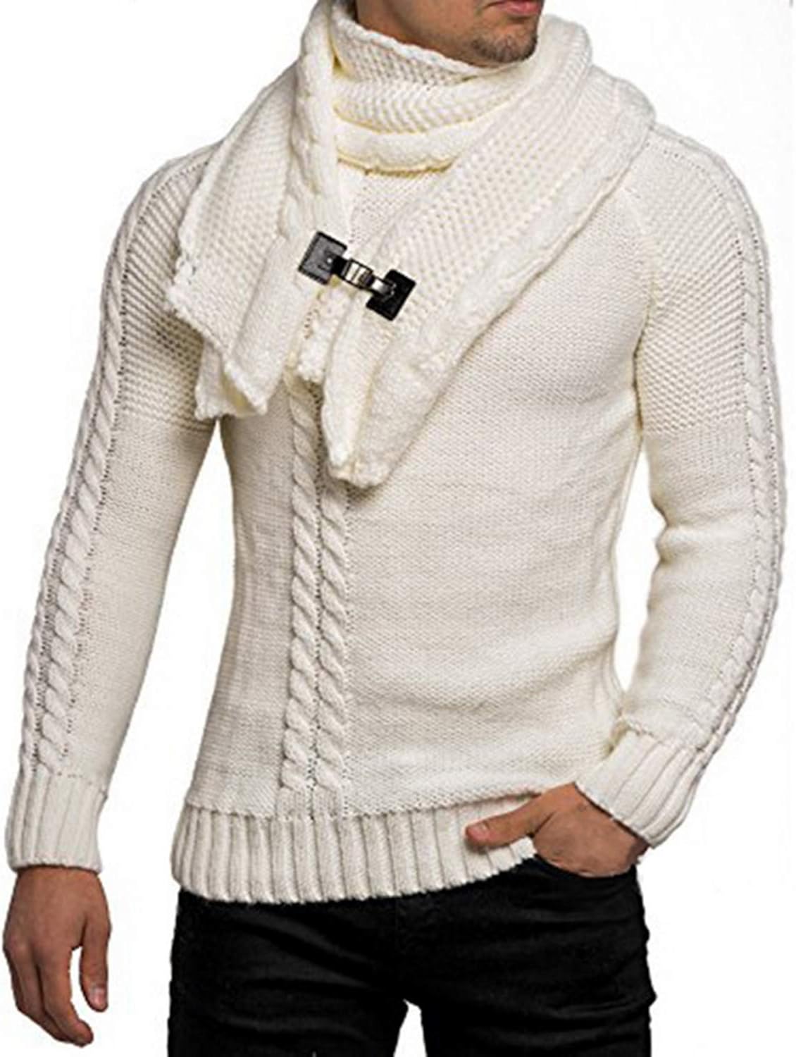 Neck Pullover Men's Sweater Autumn Pullovers Warm Slim Fit Long Sleeve Cable Knitwear with Scarf 